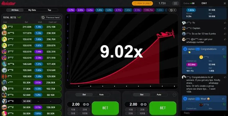 Aviator desktop interface showing the multiplier curve mid-round at 9.02x, bet panel, and live chat