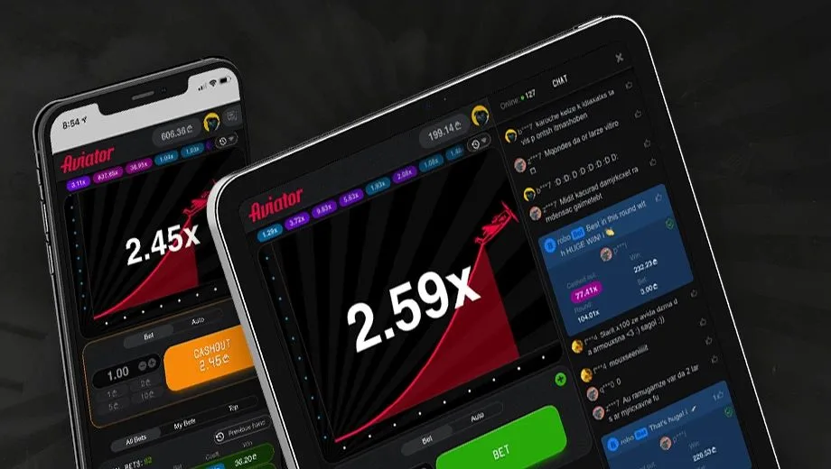 Aviator mobile and tablet view showing the multiplier climbing and the cash-out button